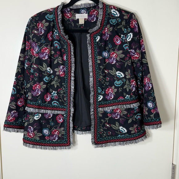 LOFT Jackets & Blazers - LOFT Women’s Black‎ Fringe Embroidered Floral Jacket Size 6